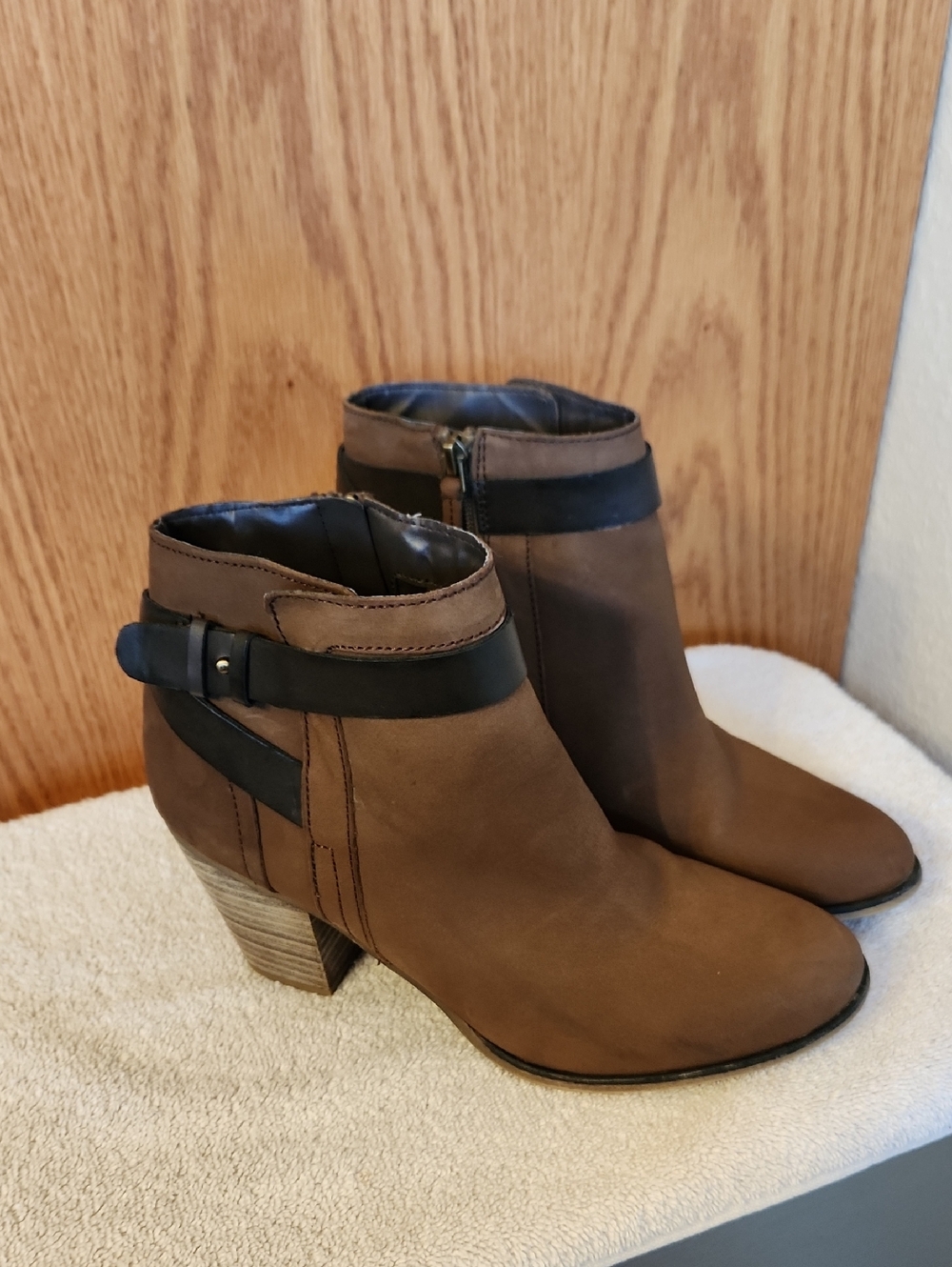 Franco Sarto Brown Ankle Boots with Black Strap Accent
